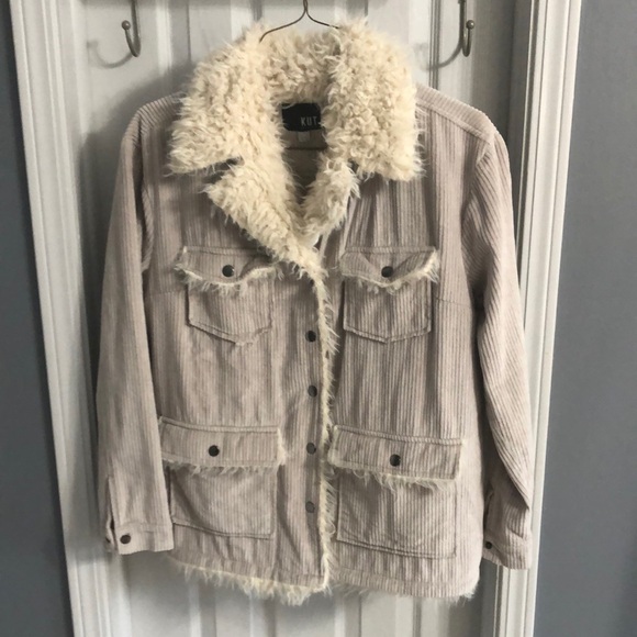 Kut from the Kloth Faux Fur Lined Classic Corduroy Shacket in Grey - Picture 2 of 10
